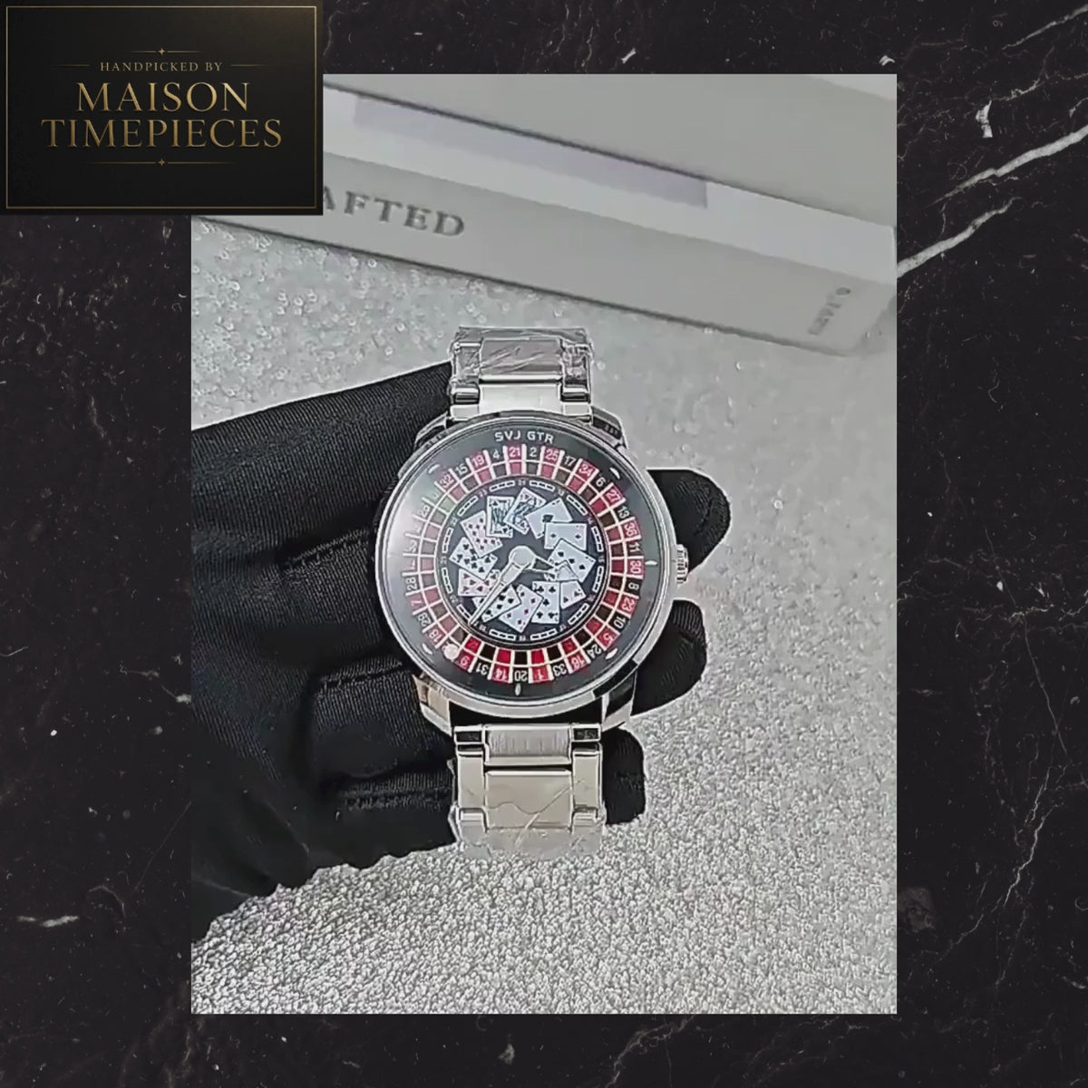 Maison Timepieces Curated casino roulette quartz watch featuring a 45mm stainless steel case, roulette wheel dial, playing card design and stainless steel bracelet.