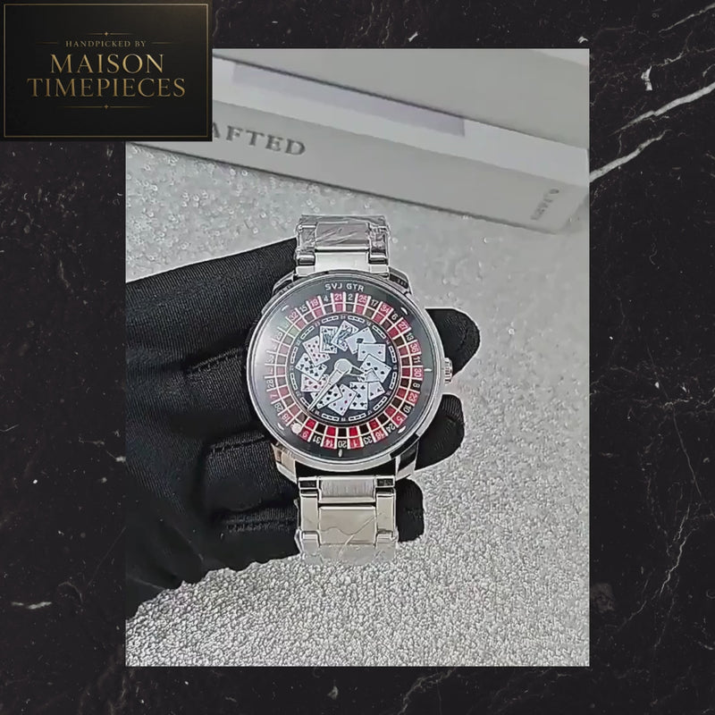 Maison Timepieces Curated casino roulette quartz watch featuring a 45mm stainless steel case, roulette wheel dial, playing card design and stainless steel bracelet.