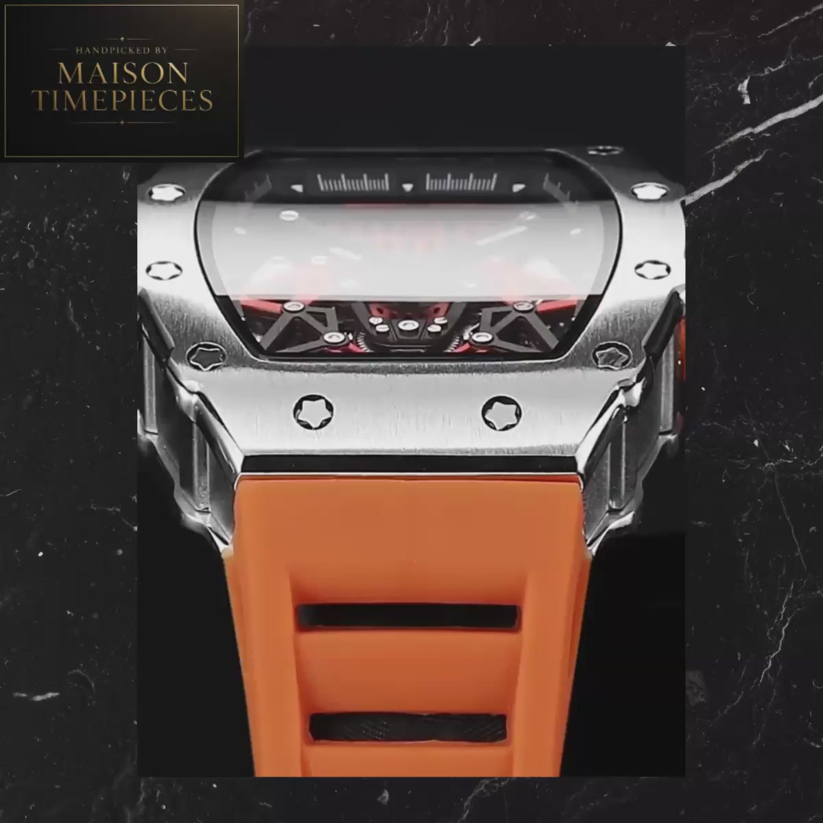 Maison Timepieces Curated automatic skeleton tonneau watch with rose gold alloy case, blue skeleton dial, automatic mechanical movement, exhibition caseback and blue silicone strap.