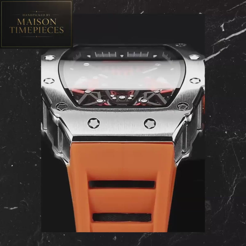 Maison Timepieces Curated automatic skeleton tonneau watch with rose gold alloy case, blue skeleton dial, automatic mechanical movement, exhibition caseback and blue silicone strap.