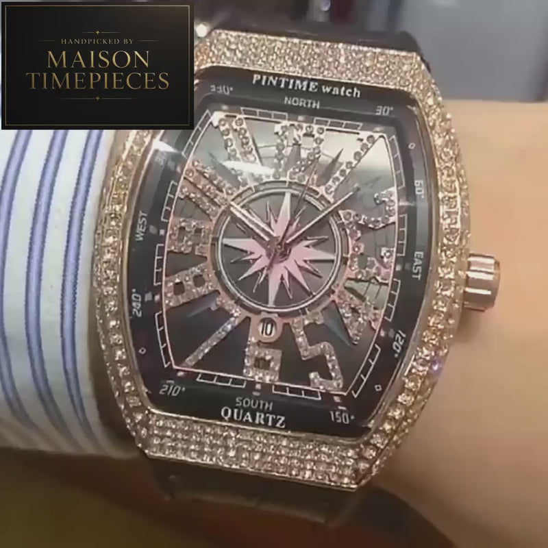 Maison Timepieces Curated luxury crystal tonneau quartz watch with black geometric dial, rose gold-tone crystal bezel, 43mm alloy case and black silicone strap.