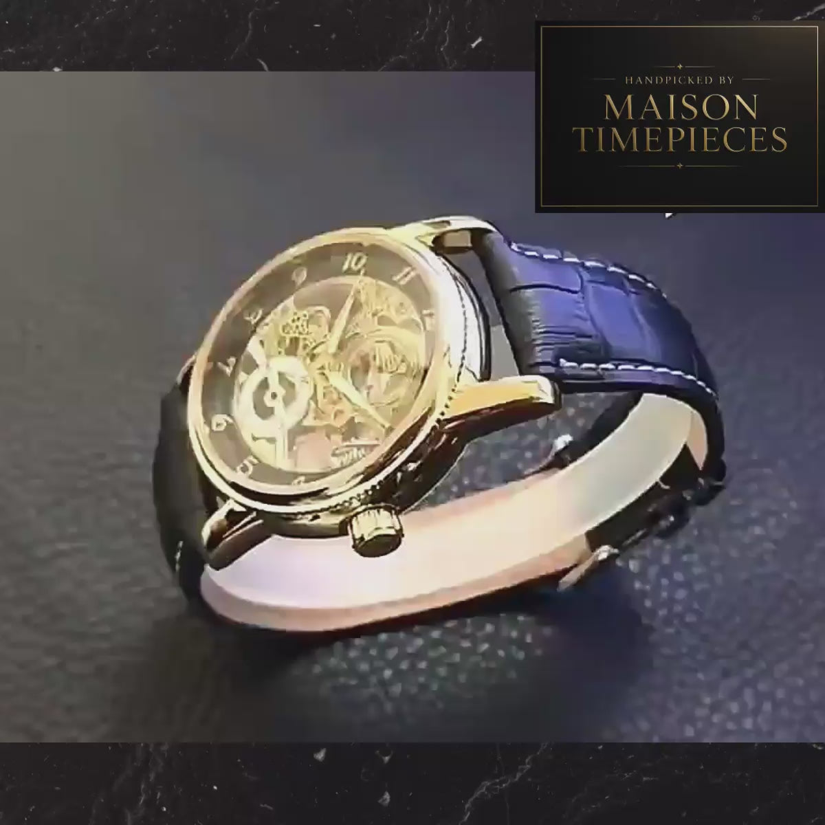 Maison Timepieces Curated automatic skeleton dress watch with gold-tone case, black chapter ring, genuine leather strap and full mechanical movement display