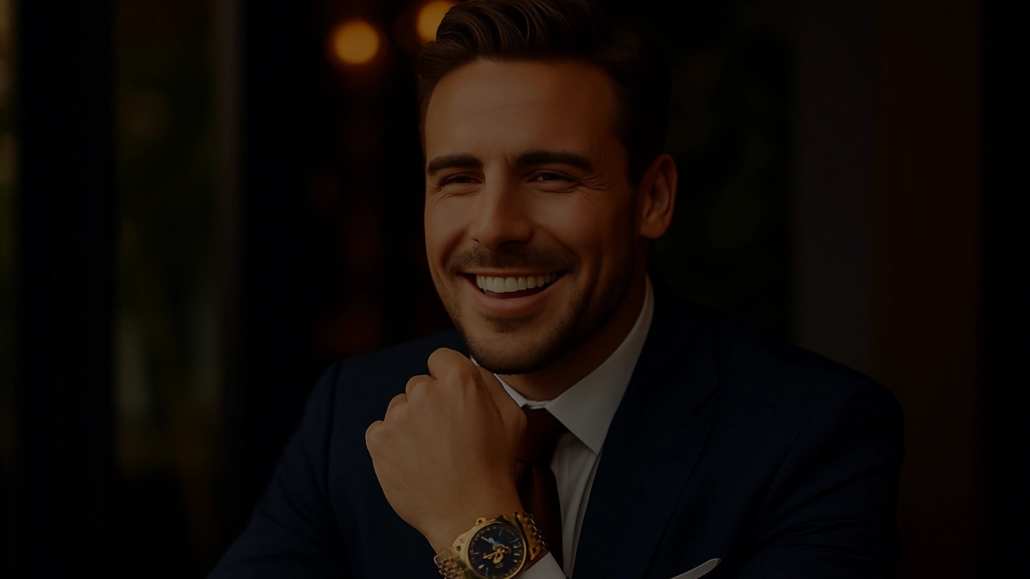 Smiling man in luxury suit wearing elegant wristwatch — lifestyle image for premium timepiece branding.