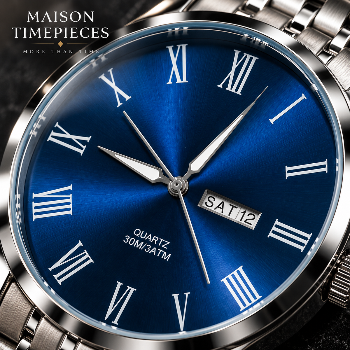 Side profile of stainless steel quartz watch showing polished case and crown