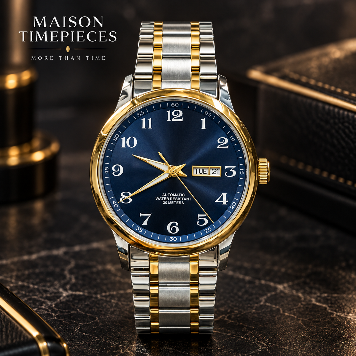 Two-tone automatic watch with blue dial, gold bezel and stainless steel bracelet in Singapore.