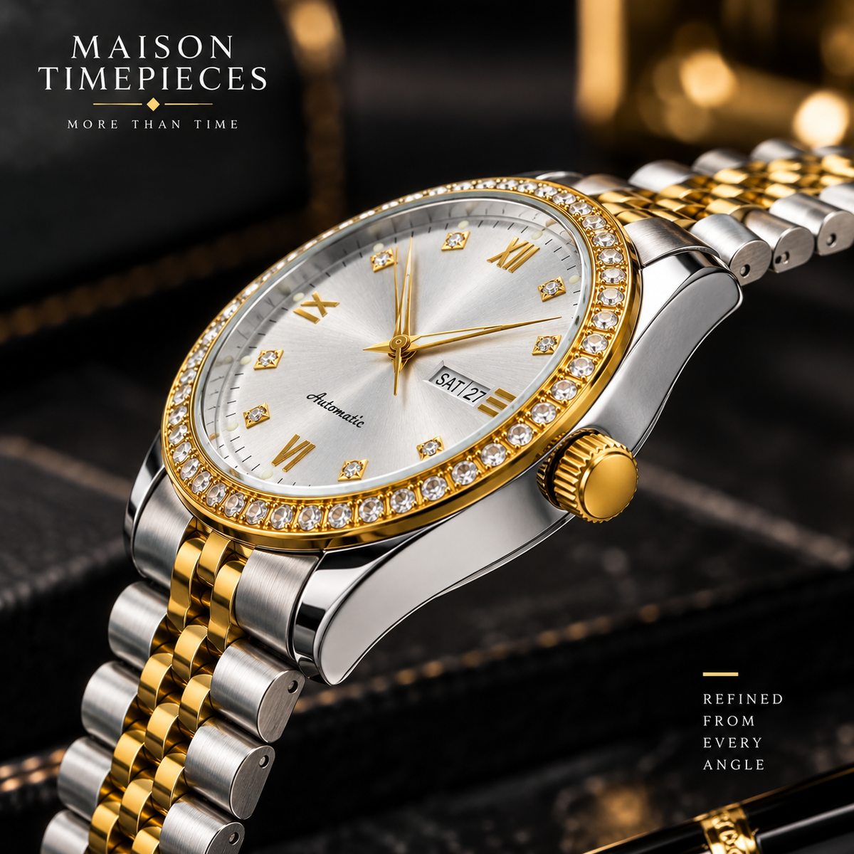Two-tone metal bracelet and automatic watch caseback detail view