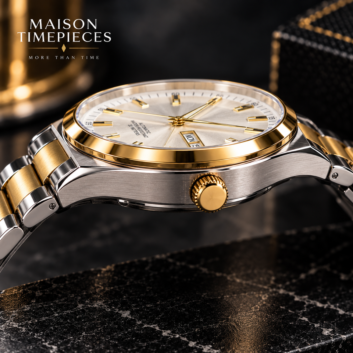 Side profile of two-tone automatic watch showing polished case, gold bezel and crown