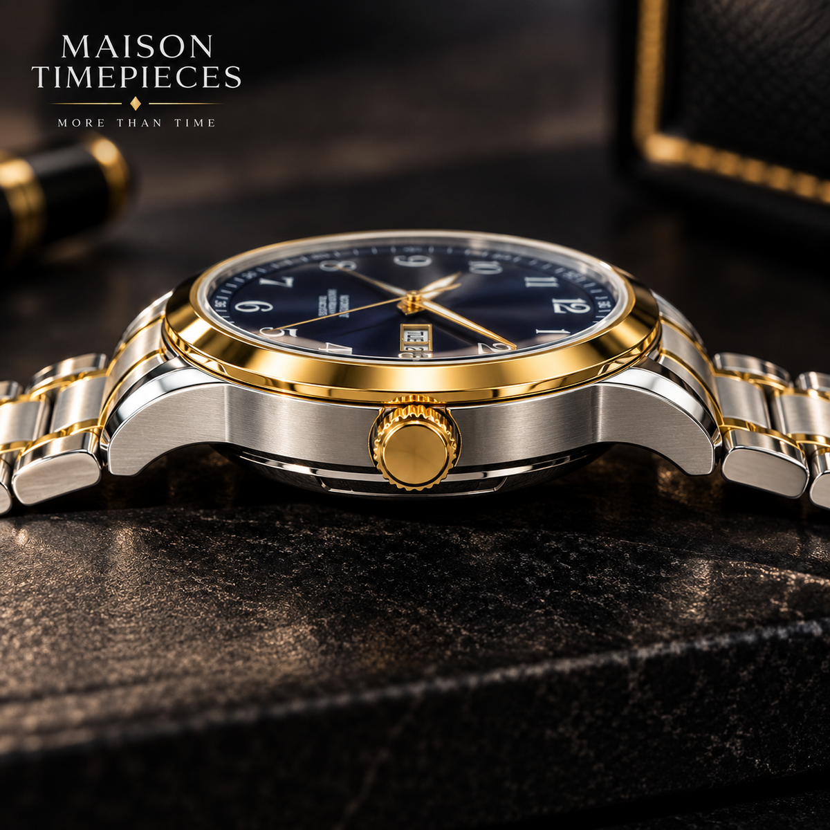 Side profile of two-tone automatic watch showing polished case, gold bezel and crown.