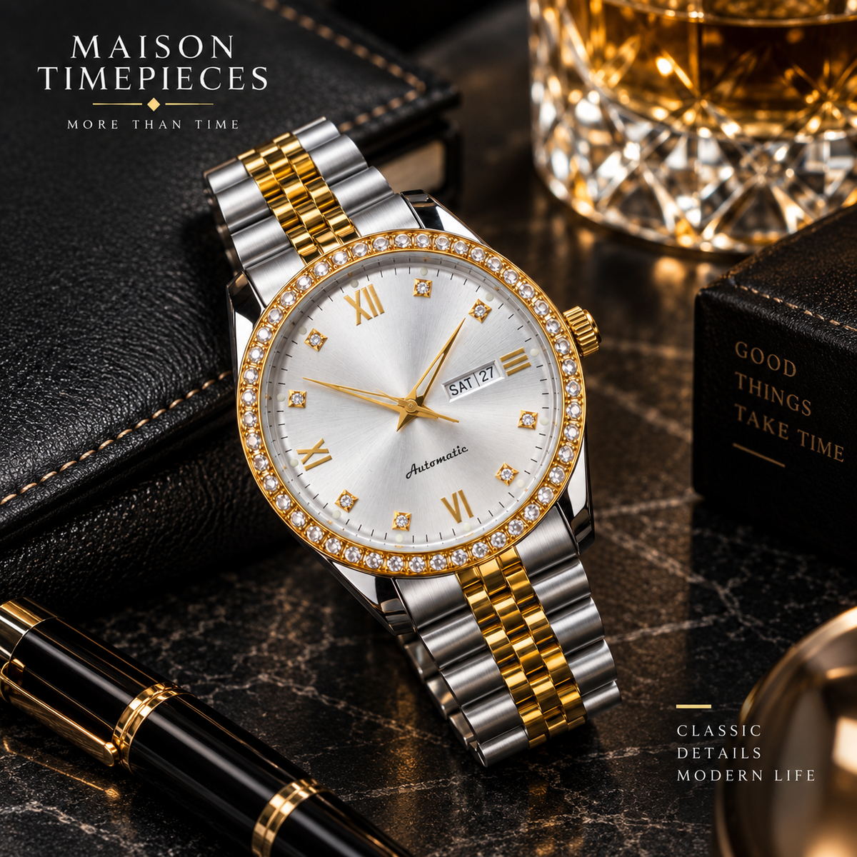 Two-tone automatic watch with silver sunburst dial and gold silver bracelet detail