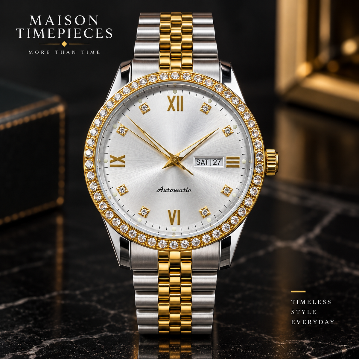 Two-tone automatic watch with silver dial, gold details and crystal-set bezel front view