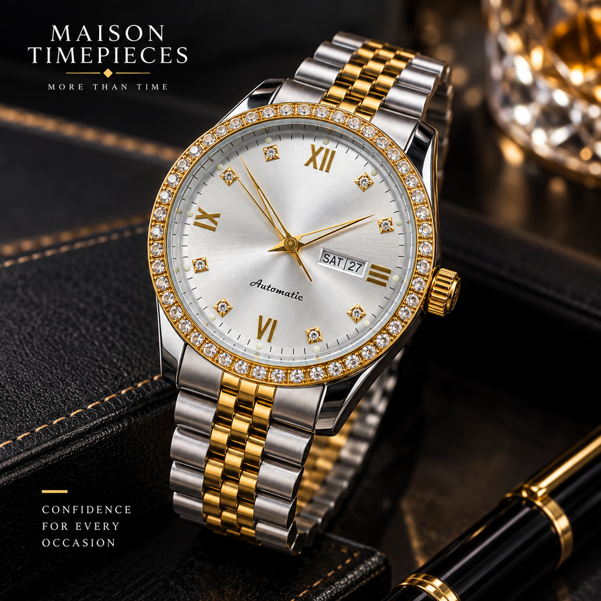 Luxury two-tone automatic watch with silver dial and crystal-set bezel angled view