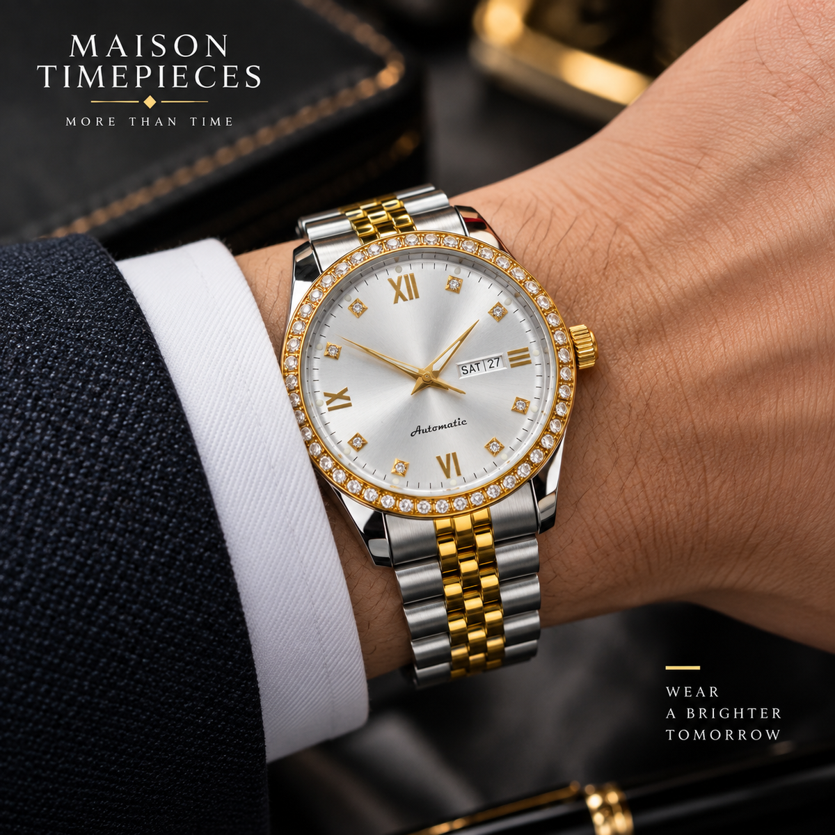 Two-tone automatic watch with silver dial and crystal bezel worn on wrist