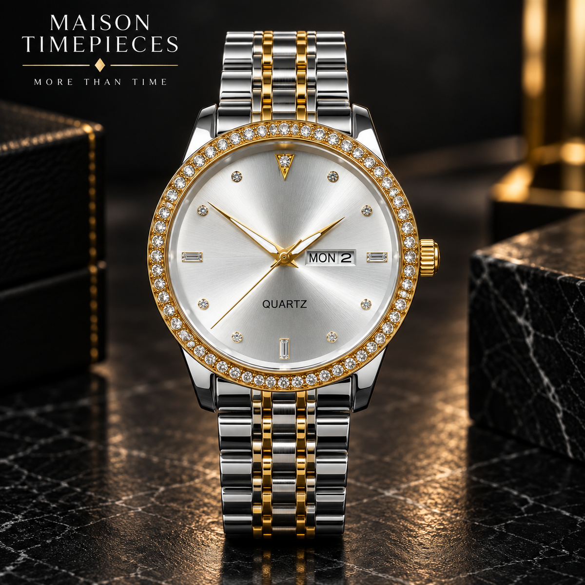 A Maison Timepieces men's quartz watch with a silver and gold two-tone stainless steel bracelet, a bezel encrusted with clear crystals, and a silver dial with gold hands and markers.