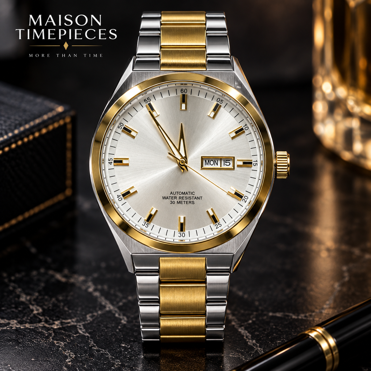 Two-tone gold and silver automatic watch with white sunburst dial and day-date display