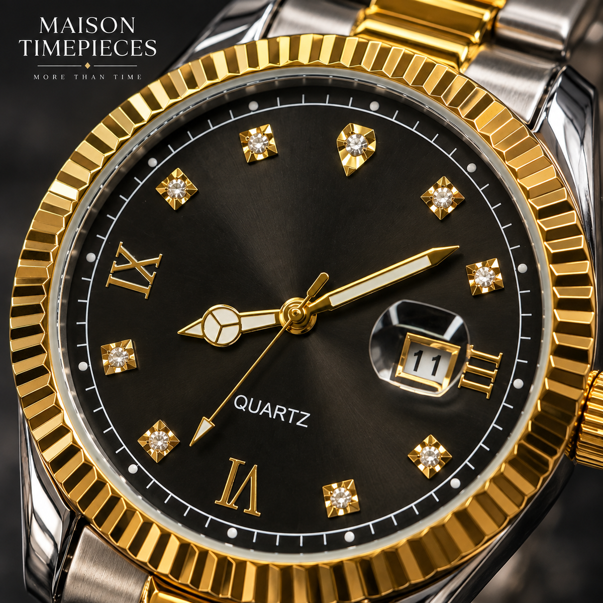 Two-tone gold and silver quartz watch with black dial shown from a premium angled view