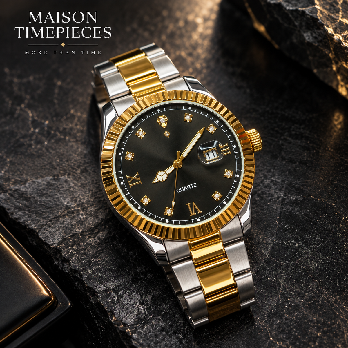 Close-up of two-tone gold and silver metal watch bracelet and polished link construction