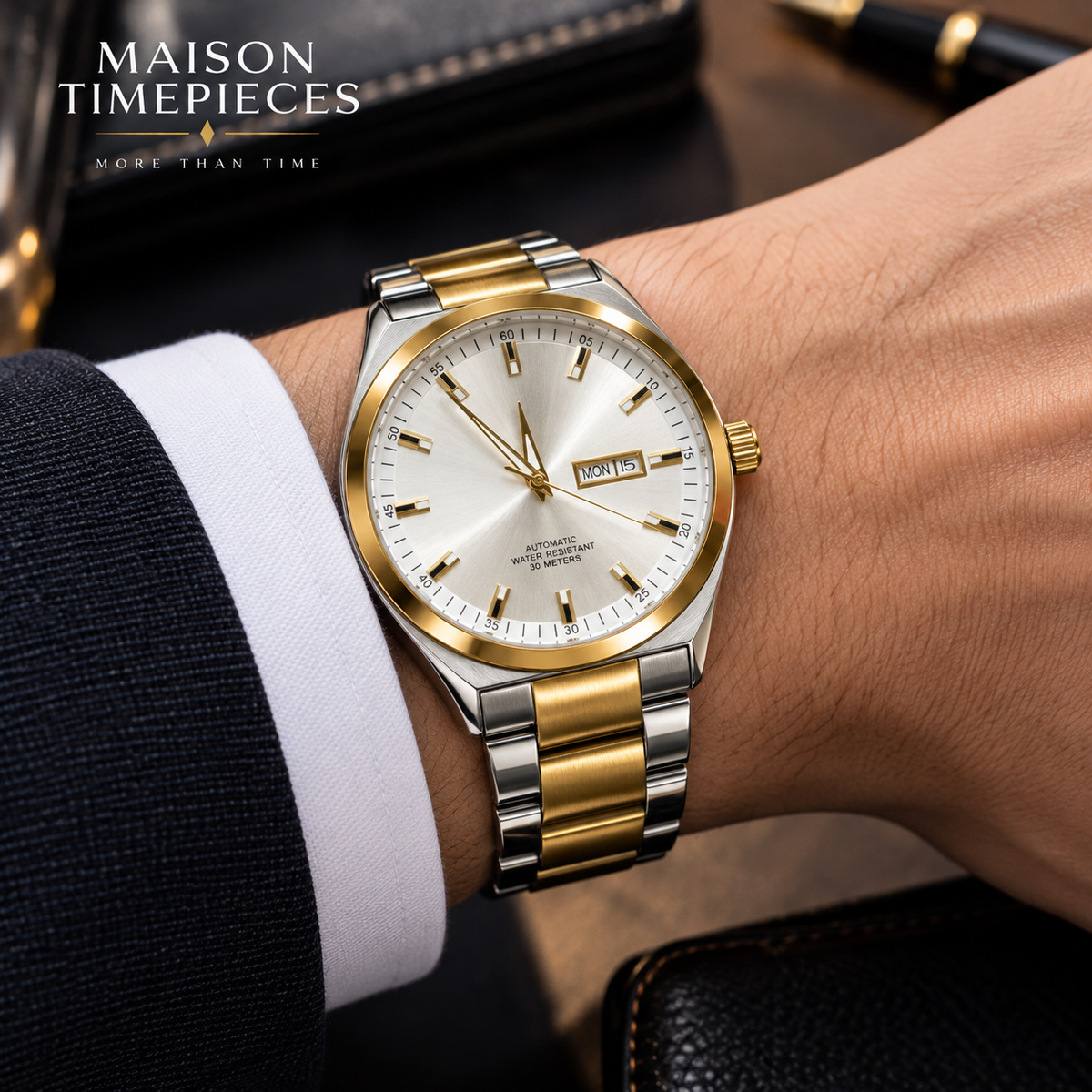 Two-tone gold and silver metal watch bracelet with brushed gold centre links