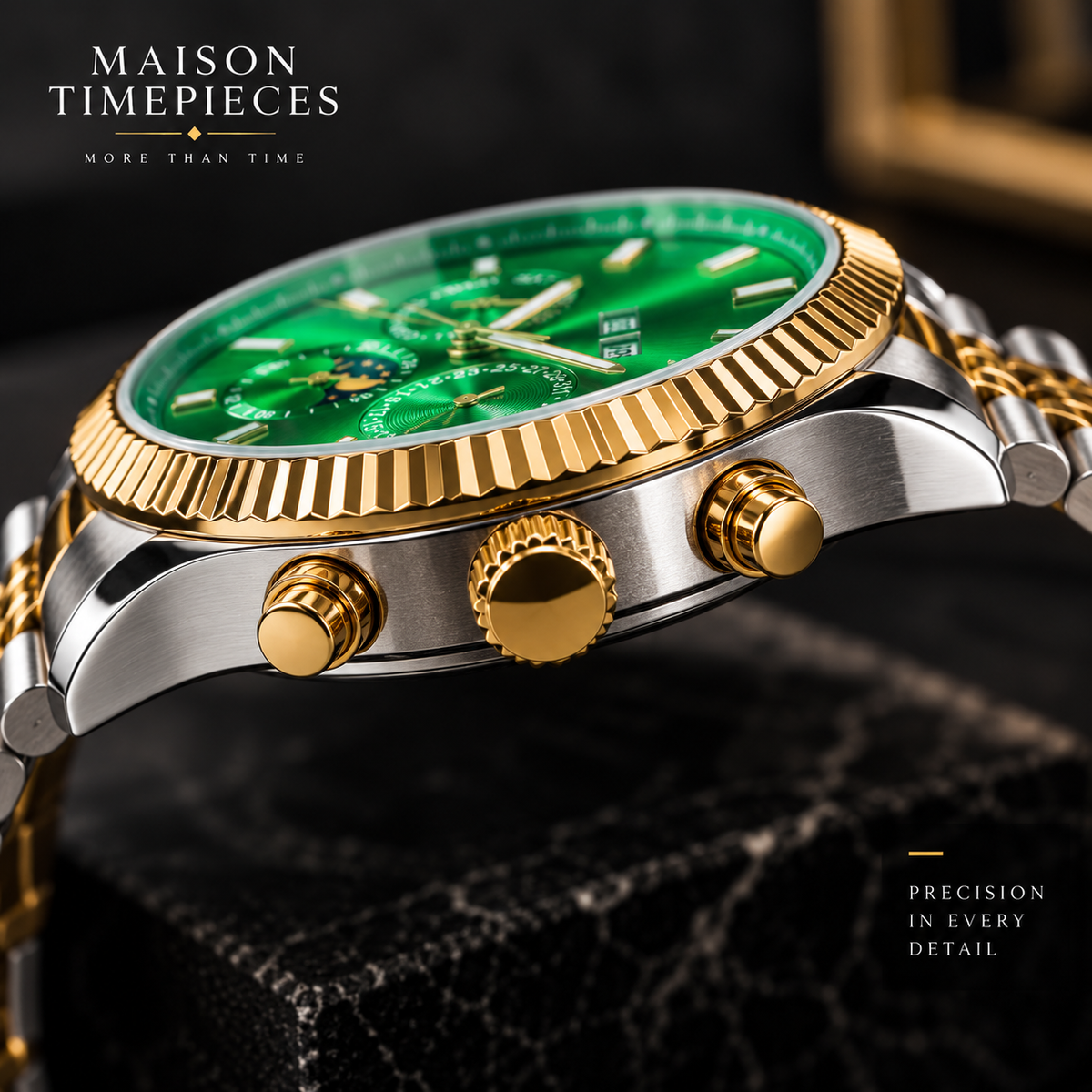 Side profile of two-tone green dial watch showing gold crown, pushers and fluted bezel