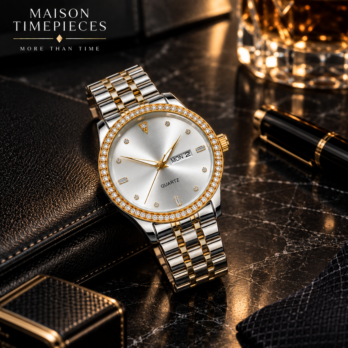 A Maison Timepieces men's watch with a silver and gold two-tone metal bracelet, a silver dial encircled by gold-tone rhinestones, and a day/date window, displayed on a dark marble surface with a black leather wallet, pen, and glass in the background.