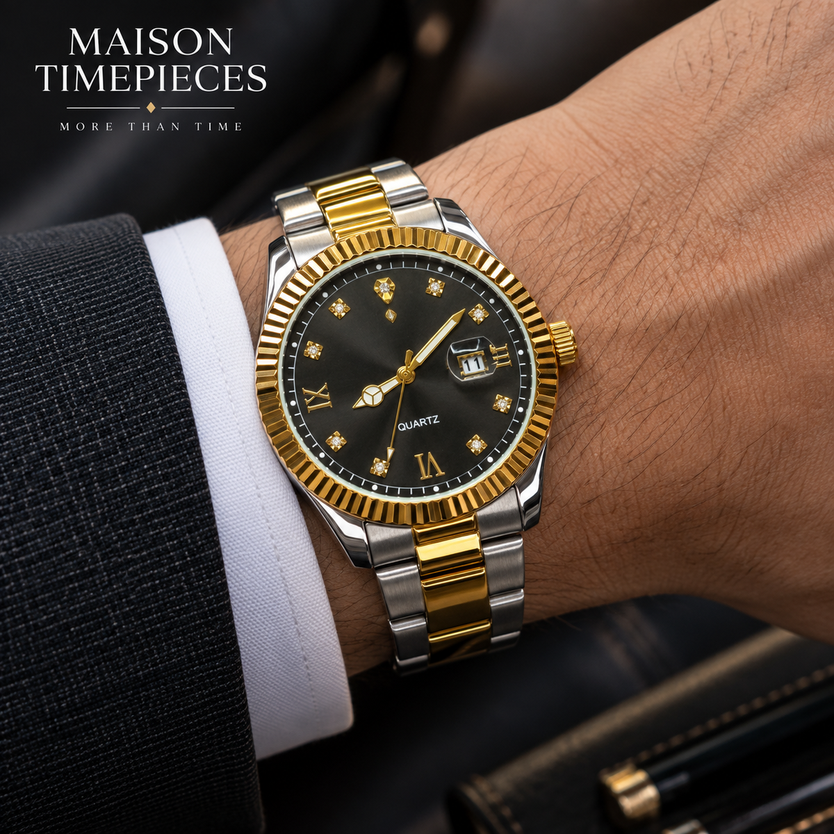 Two-tone gold and silver quartz watch with black dial worn with a business suit