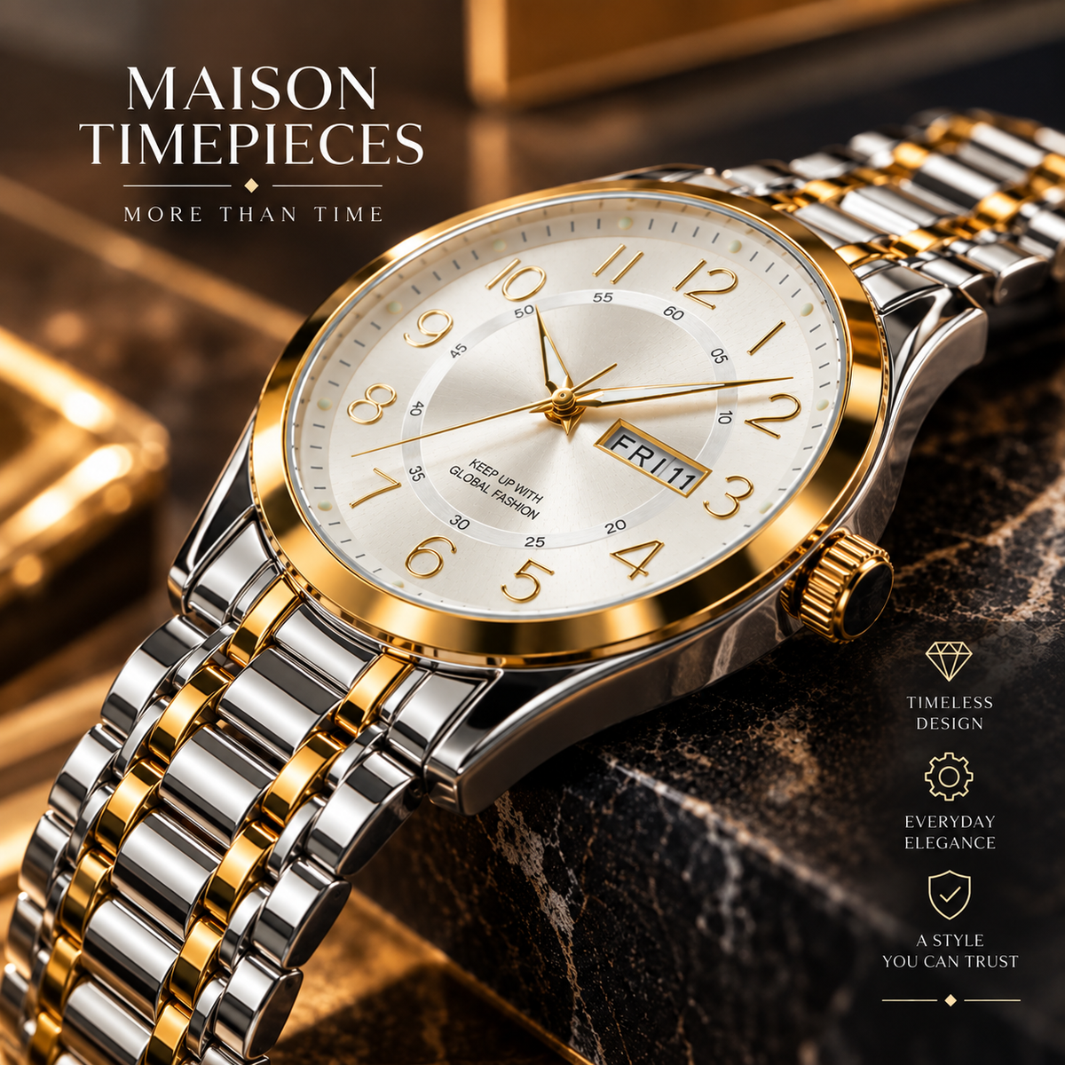 Silver dial two-tone watch with Arabic numerals and day-date window