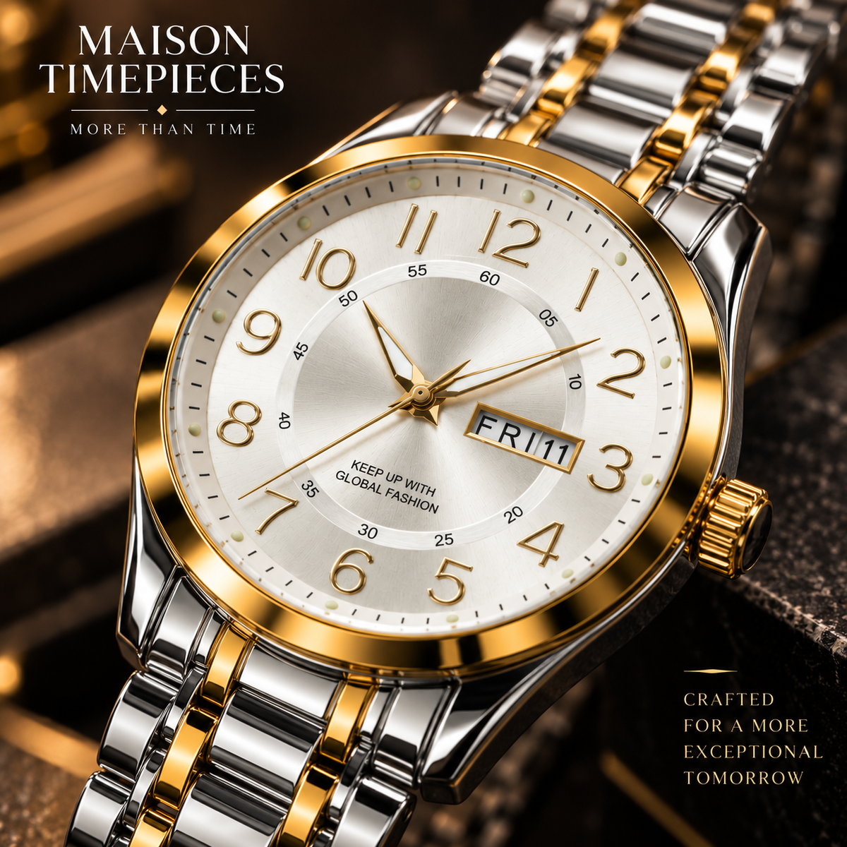 Detailed view of silver watch dial with gold bezel and Arabic hour markers