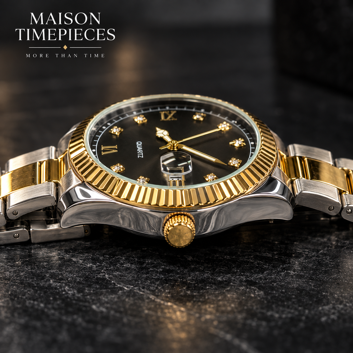 Side profile of two-tone quartz watch showing gold fluted bezel, crown and polished case
