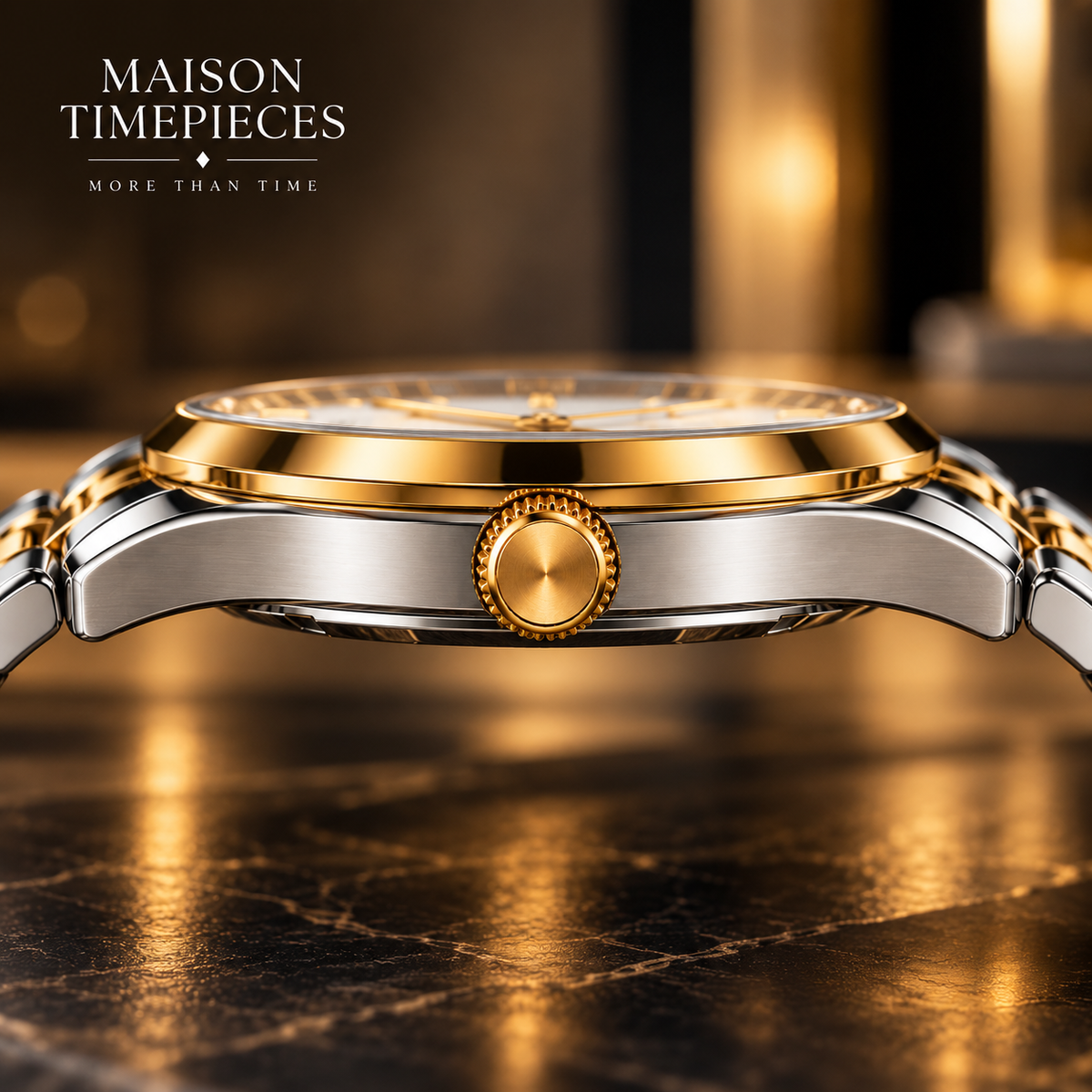 Macro close-up of two-tone gold and silver watch with sunburst silver dial