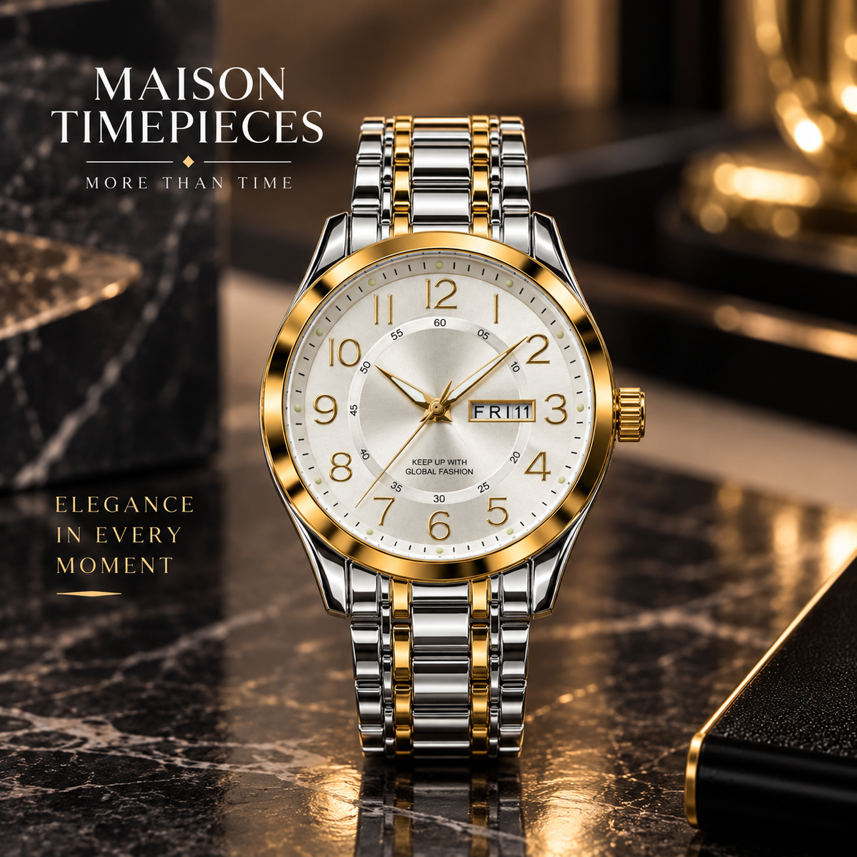 Close-up of two-tone watch with silver dial, gold bezel and day-date display