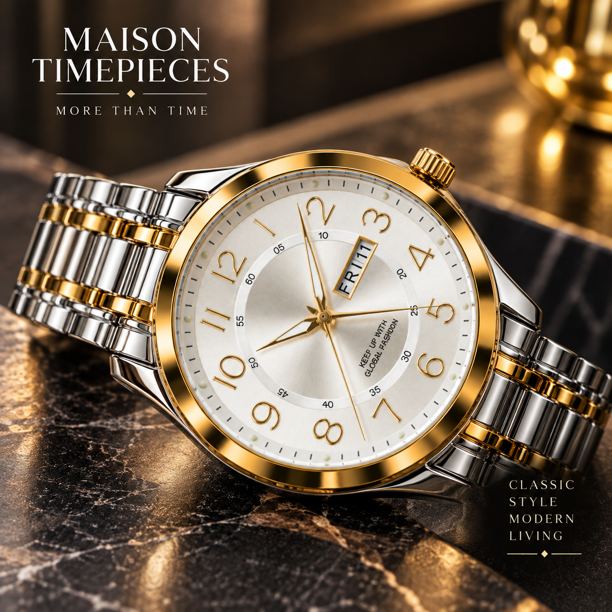 Two-tone wristwatch featuring polished silver and gold metal bracelet