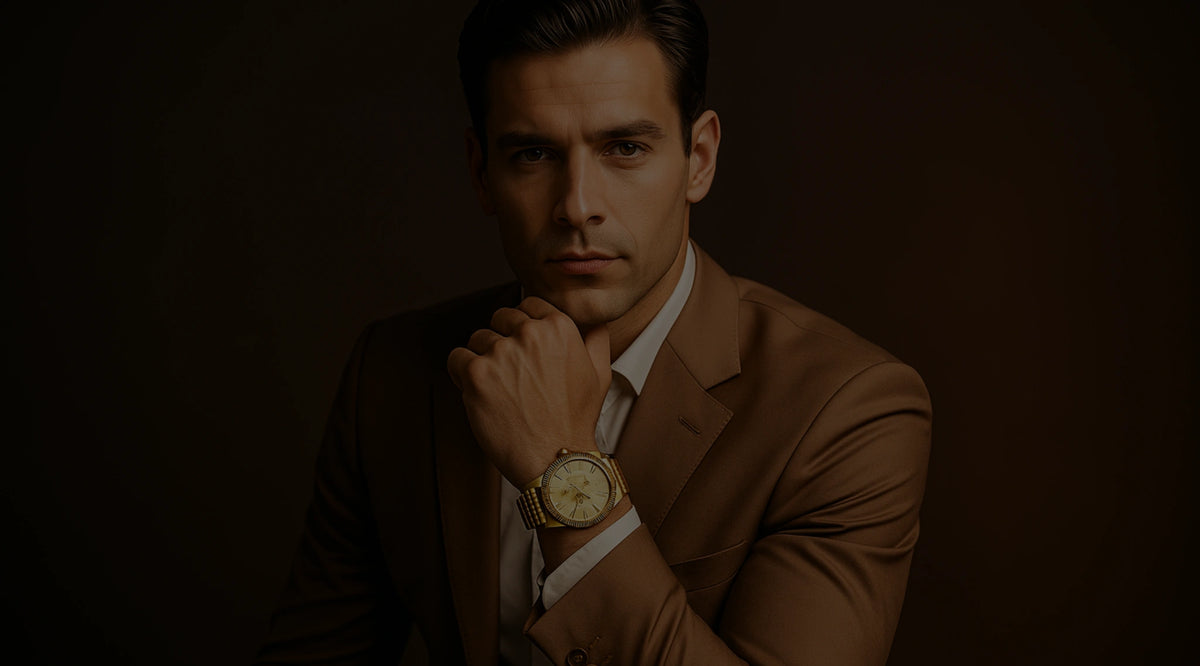 Man wearing a brown coat and watch against a dark background