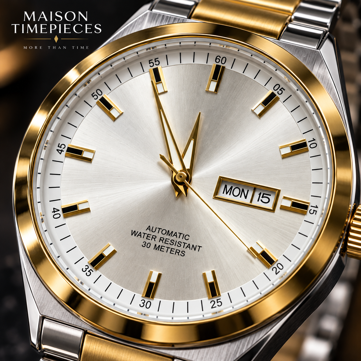 Close-up of white sunburst dial with gold hands, hour markers and automatic movement
